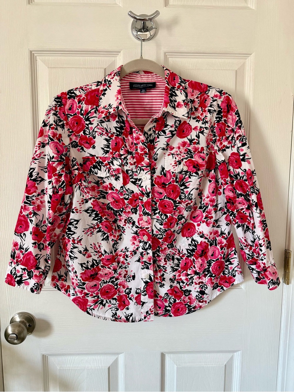 Jones New York Petite Pink Rose Floral 100% Cotton Button Down Shirt Size MP